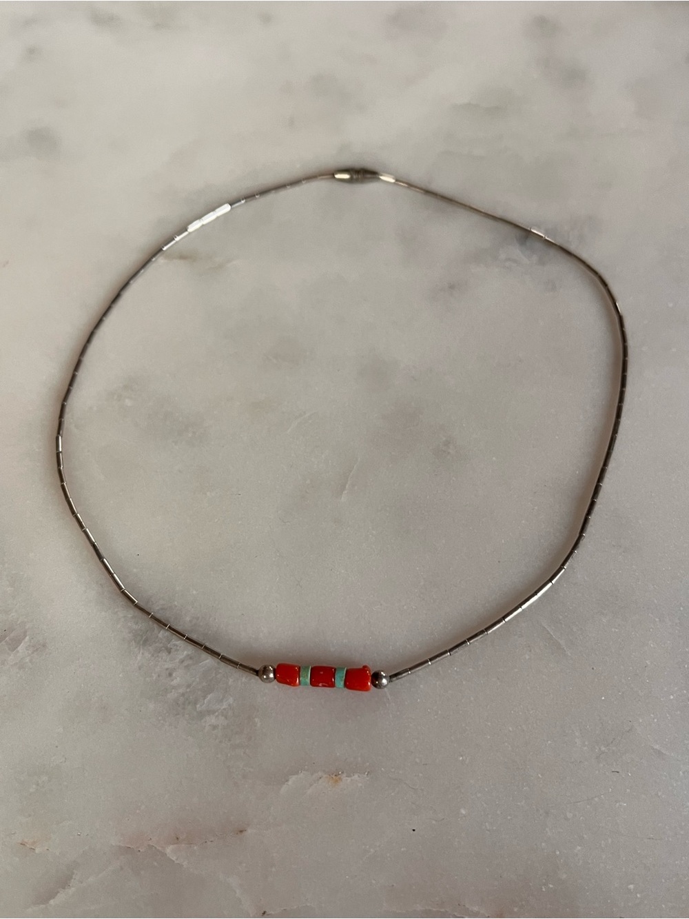 Vintage Southwestern Liquid Silver & Red Coral Turquoise Tube Bead Choker Neckla